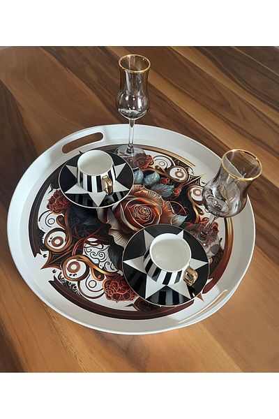 Panoramas Home Round White Custom Print Brown Rose Pattern Large Size Serving Tea Coffee Presentation Tray