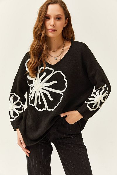 Olalook Schwarzer gemusterter Damen-Strickpullover mit V-Ausschnitt und weicher Struktur KZK-19000695
