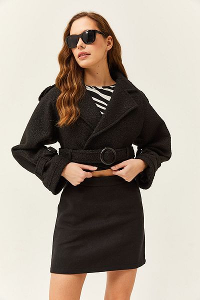 Olalook Jachetă de damă, cu căptușeală neagră, cu centură, detaliată, CKT-19000372