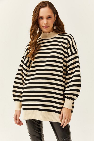 Olalook Women's Stone Black Half Fisherman Balloon Sleeve Striped Oversize Knitwear Pullover KZK-19000697
