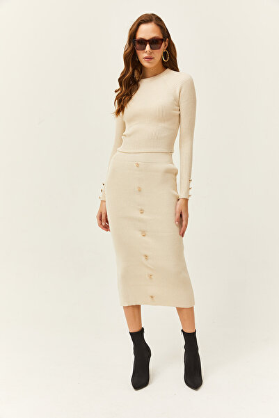 Olalook Women's Stone Bottom Top Button Detailed Knitwear Set TKM-19000239