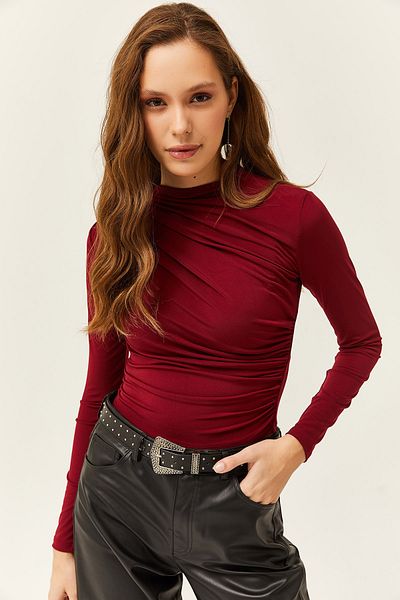 Olalook Γυναικεία Claret Red ψηλό γιακά βολάν Λεπτομερής μπλούζα Lycra BLZ-19002426