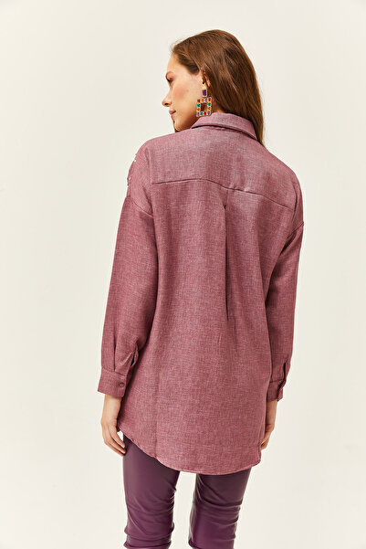 Olalook Kadın Gül Kurusu Nakışlı İncili Yün Efektli Oversize Kışlık Gömlek GML-19001159