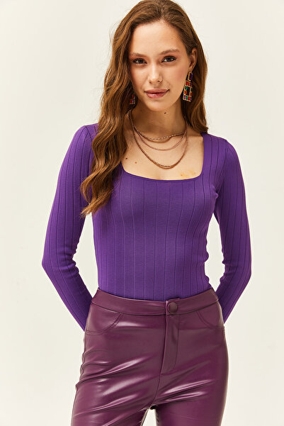 Olalook Kadın Mor Kare Yaka Kalın Fitilli Triko Bluz BLZ-19002040