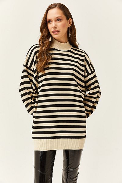 Olalook Women's Stone Black Half Fisherman Balloon Sleeve Striped Oversize Knitwear Pullover KZK-19000697