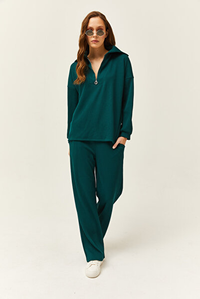 Olalook Dámský smaragdově zelený top svetr na zip, spodní kapsa, sada kalhot Palazzo TKM-19000240