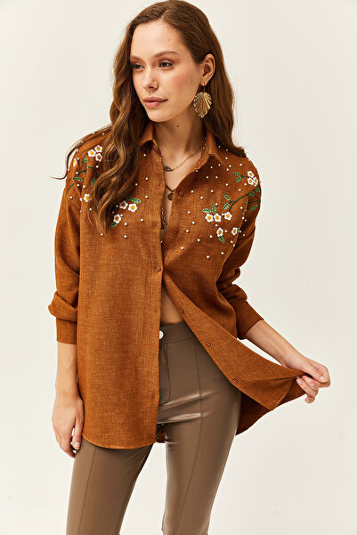 Olalook Kadın Taba Nakışlı İncili Yün Efektli Oversize Kışlık Gömlek GML-19001159