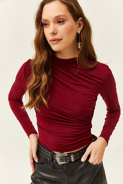 Olalook Γυναικεία Claret Red ψηλό γιακά βολάν Λεπτομερής μπλούζα Lycra BLZ-19002426