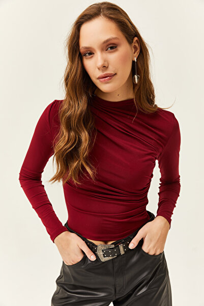 Olalook Kadın Bordo Dik Yaka Büzgü Detaylı Likralı Bluz BLZ-19002426