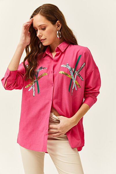 Olalook Γυναικείο πουκάμισο υφασμένο με ραβδί πούλιες με φούξια χρώμα GML-19001164