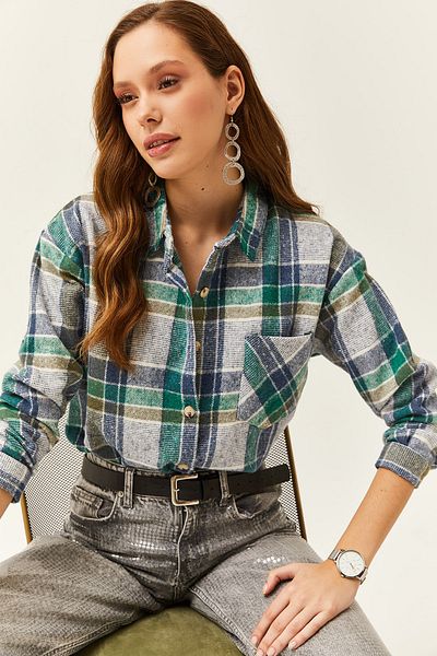 Olalook Indigo-Smaragdgrünes Holzfällerhemd mit Einzeltasche für Damen GML-19001163