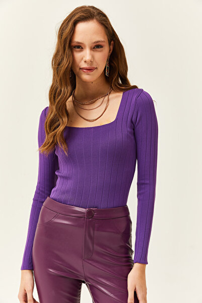 Olalook Kadın Mor Kare Yaka Kalın Fitilli Triko Bluz BLZ-19002040