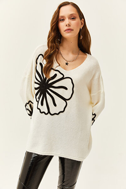 Olalook Pulover de damă, cu decolteu în V, cu model ecru, din tricotaje cu textura moale KZK-19000695