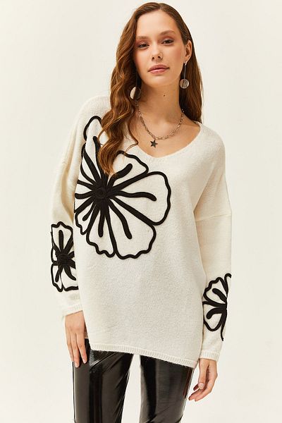 Olalook Ecrufarbener, gemusterter Strickpullover mit V-Ausschnitt und weicher Struktur für Damen KZK-19000695