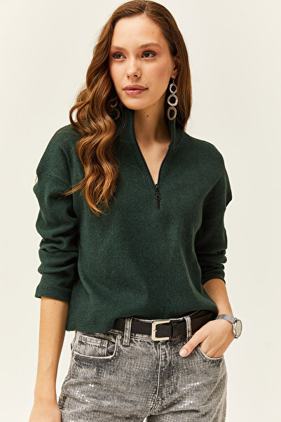 Olalook Kadın Zümrüt Yeşili Fermuarlı Dik Yaka Şardonlu Kazak KZK-19000640