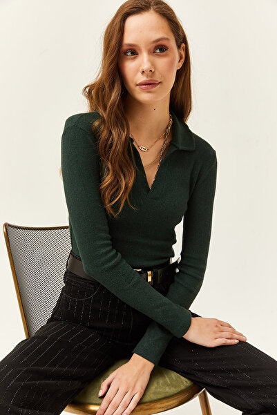 Olalook Kadın Zümrüt Yeşili Polo Yaka Şardonlu Kaşkorse Bluz BLZ-19002028