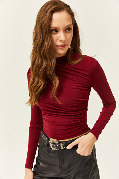 Olalook Kadın Bordo Dik Yaka Büzgü Detaylı Likralı Bluz BLZ-19002426
