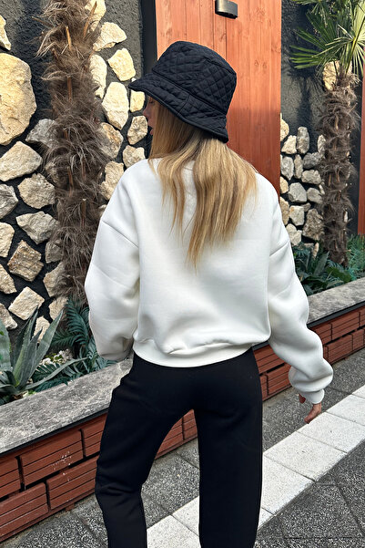 Trend Alaçatı Stili Γυναικείο φούτερ με λαιμόκοψη εκρού Crew μπροστά με στάμπα 3 νημάτων, ράστερ Crop ALC-X11188