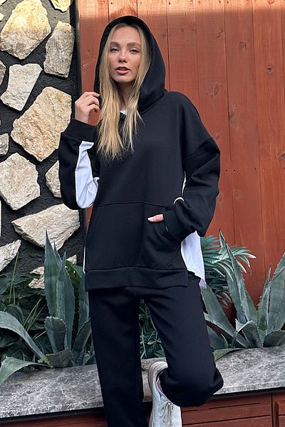 Trend Alaçatı Stili Schwarzes Damen-Kapuzenshirt mit 3 Fäden gerippter Innenseite, Sweatshirt ALC-X11216