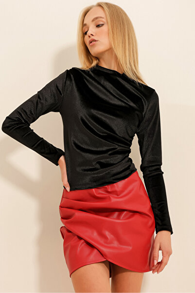 Trend Alaçatı Stili Γυναικεία βελούδινη μπλούζα με ψηλό γιακά μαύρο ALC-X11271