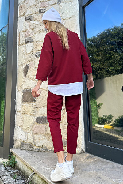 Trend Alaçatı Stili Burgunderfarbenes Damen-Set mit verzierter Bluse mit Rundhalsausschnitt und gerippter, genähter Hose mit doppelten Taschen ALC-X8175