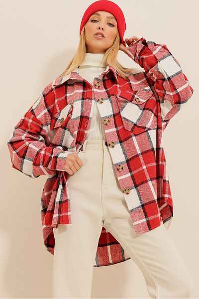 Trend Alaçatı Stili Dámská Ecru červená kostkovaná vzorovaná vyražená bavlněná oversize safari košile ALC-X7142