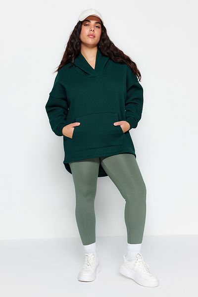 Trendyol Curve Smaragdgrünes, dickes Fleece innen, übergroßes Strick-Sweatshirt TBBAW24AO00019