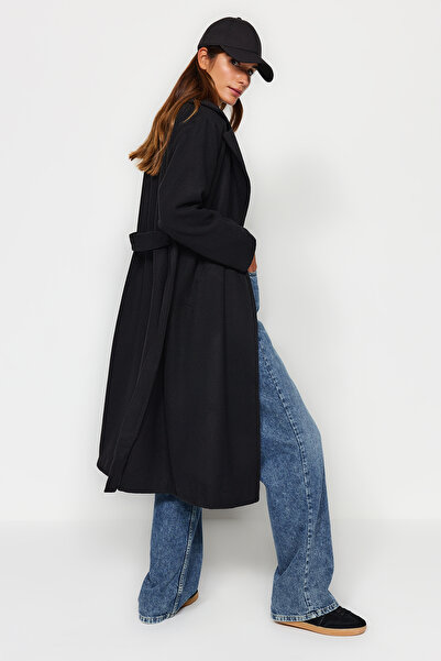 Trendyol Modest Black Belted Long Lined Cashmere Coat TCTAW24AB00035