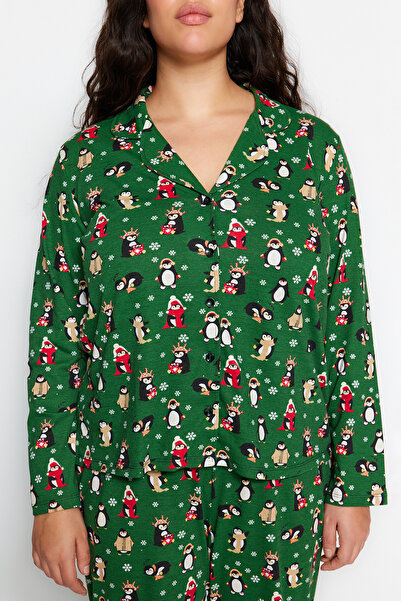 Trendyol Curve Zöld inggalléros újévi pizsama szett - TBBAW24AI00002