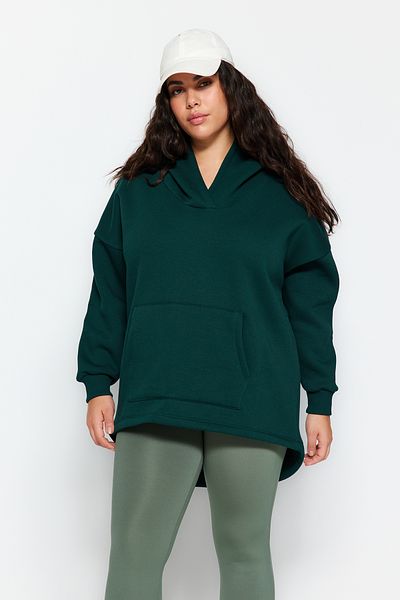 Trendyol Curve Smaragdgrünes, dickes Fleece innen, übergroßes Strick-Sweatshirt TBBAW24AO00019