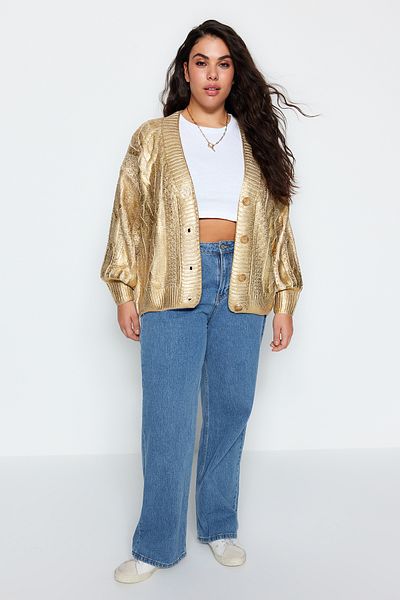Trendyol Curve Glänzende Strickjacke mit Haargummi – TBBAW24AV00033 mit Goldbeschichtung