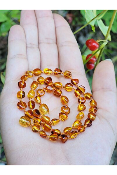 Kehribar Sarayı قلادة أطفال باروكية بلون كراميل من قطرة العنبر مقاس 40 سم معتمدة