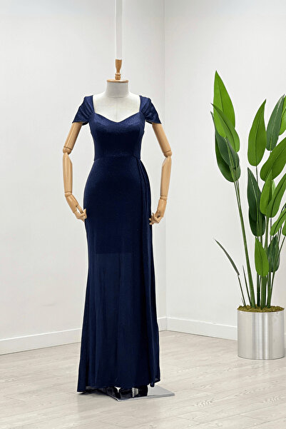 giyimmasalı Simli Kumaş Omu Büzgülü Uzun Elbise - LACİVERT