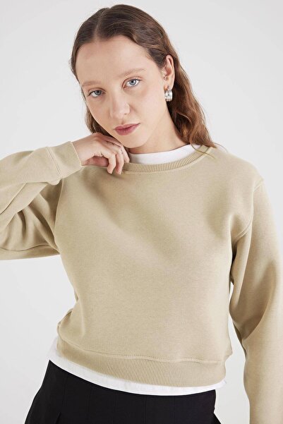Addax Bisiklet Yaka Şardonlu Crop Sweatshirt S10521-W4