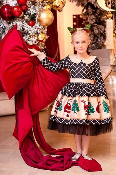 Riccotarz Dívčí dětský límec Santa Claus s potiskem kostkované černé šaty