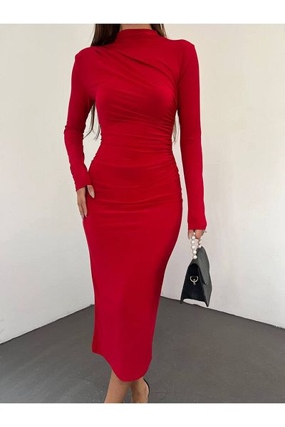 Fav Style Rochie lungă cu mânecă lungă, cu umeri și talie pentru femei, roșie
