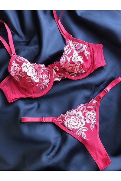 mendoza store Embroidery Underwire Red Color Floral Thong Panty Bra Set