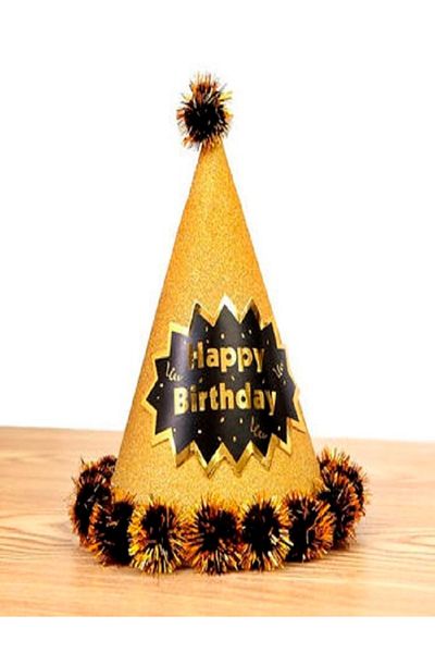 Kazanabil HAPPY BIRTHDAY WRITTEN CARDBOARD PARTY HAT WITH POMPOM GOLD