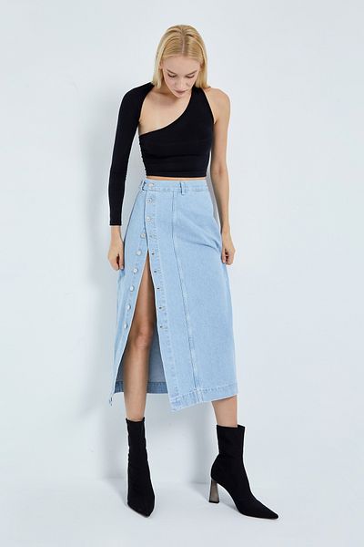 its basic Fusta de denim de damă, subțire, cu nasturi în față, lungime maxi