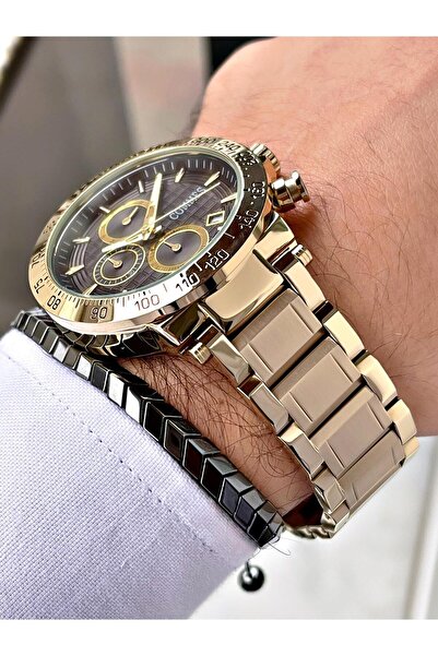 COMMES Çelik Kordon Kronometre Ve Takvimli Altın Siyah Renk Unisex Klasik Kol Saati Cm1904-ggb