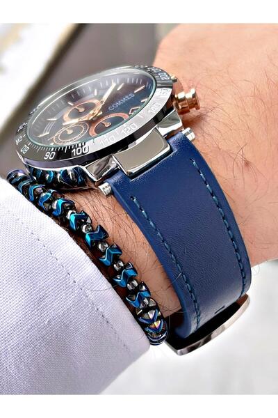 COMMES Deri Kordon Kronometre Ve Takvimli Mavi Gümüş Renk Unisex Klasik Kol Saati Cm1903d-msbr