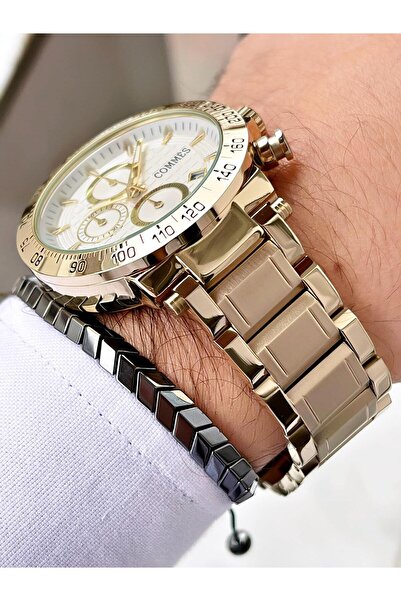COMMES Çelik Kordon Kronometre Ve Takvimli Altın Renk Unisex Klasik Kol Saati Cm1904-ggw