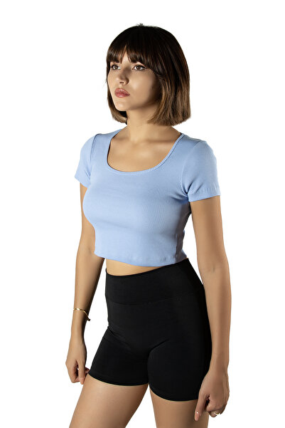 VEAVEN Mavi Havuz Yaka Fitted/vücuda Oturan Kısa Kol Crop Tişört