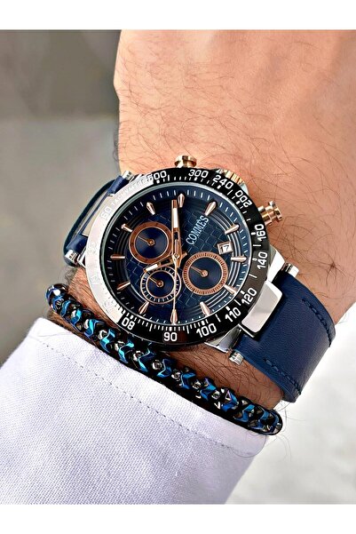 COMMES Deri Kordon Kronometre Ve Takvimli Mavi Gümüş Renk Unisex Klasik Kol Saati Cm1903d-msbr