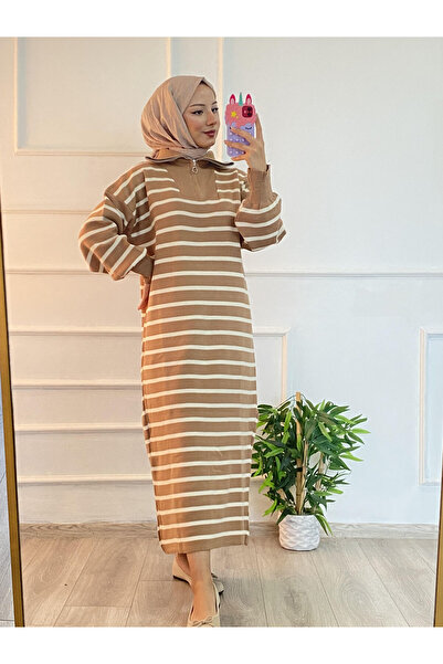 Arden Scarf Ριγέ πλεκτό φόρεμα με φερμουάρ MILK BROWN