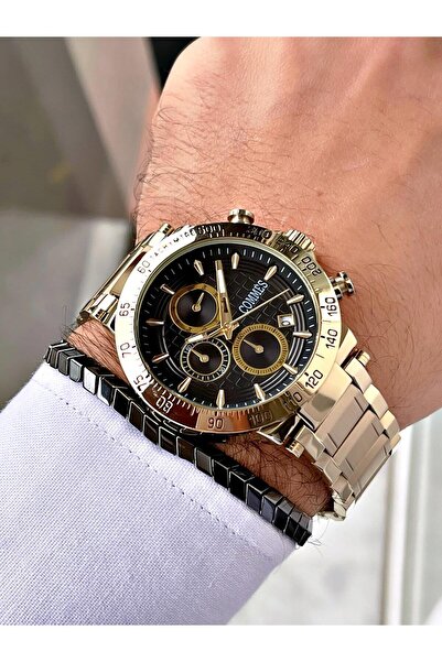 COMMES Çelik Kordon Kronometre Ve Takvimli Altın Siyah Renk Unisex Klasik Kol Saati Cm1904-ggb