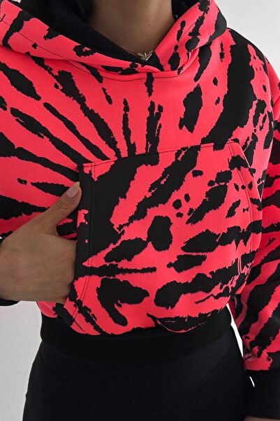 FEMELLE Φούτερ Crop Raster με ροζ κουκούλα και πολύχρωμη 3 νήματα