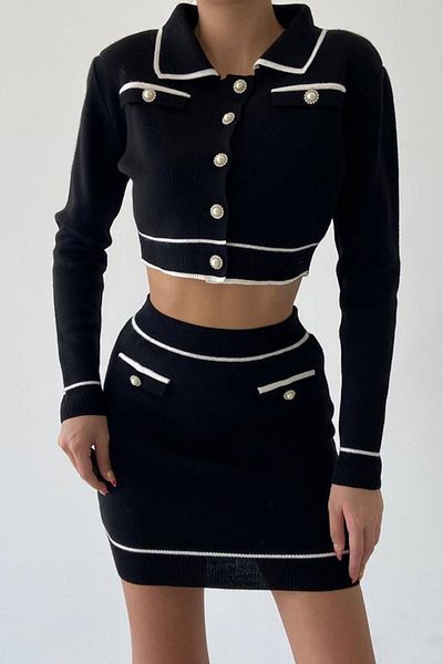 lovebox Flexible Knitwear Fabric Button Detailed Polo Collar Long Sleeve Crop Sweatshirt and Skirt Black Bottom Top Set 185