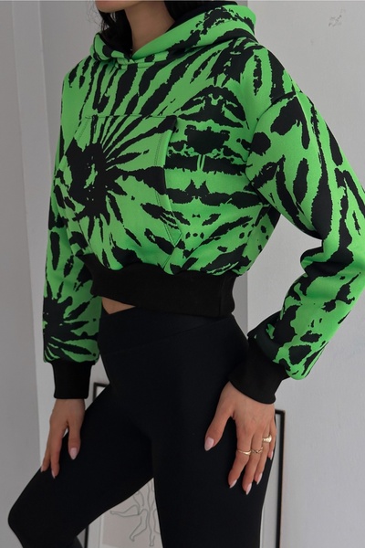 FEMELLE Πολύχρωμο φούτερ με πράσινη κουκούλα καγκουρό με 3 νήματα με ράστερ