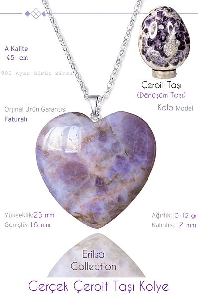 Tesbih Atölyesi Certified Real Heart Model Charoite Stone Necklace